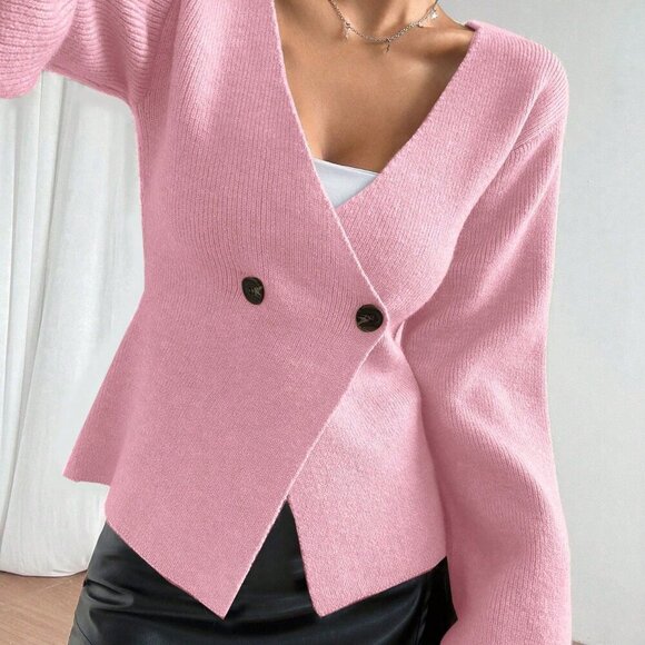 Pink Casual Women's Waist-button Cinched knit Cardigan - Picture 4 of 7